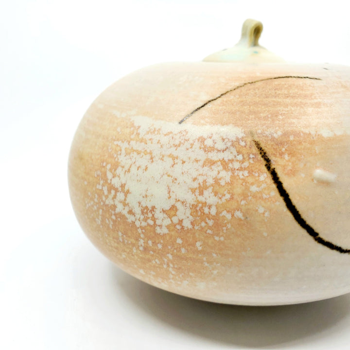 Low jar with lid. This round vessel is speckled pale orange. 