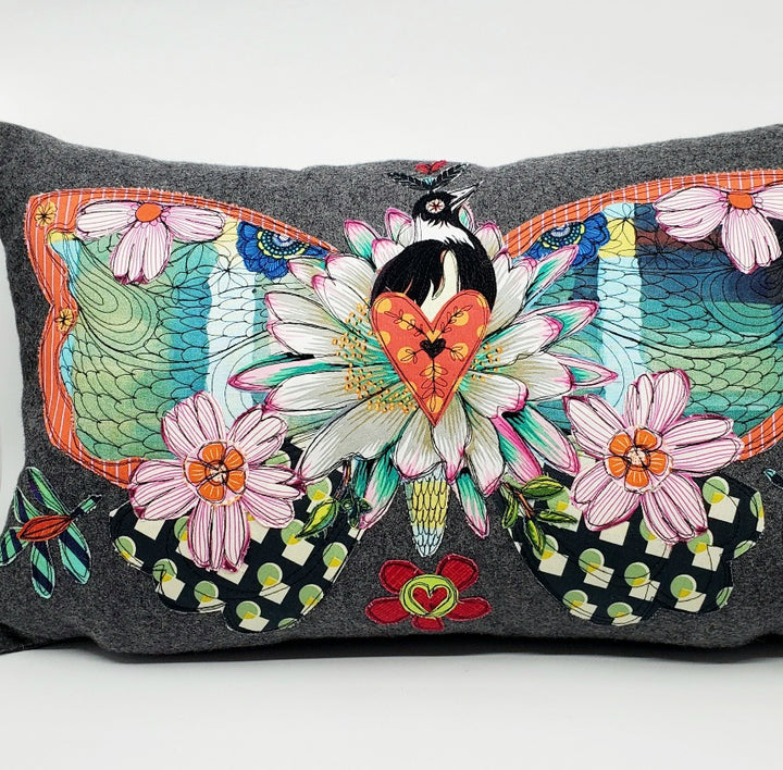 'Butterfly' Pillow, 10"x20". Cotton applique on wool melton.
