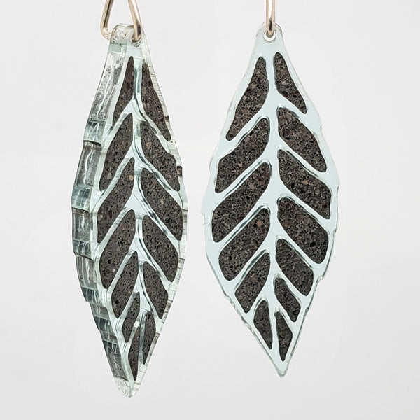 Leaf earrings in glassy colour acrylic with concrete inlay.
