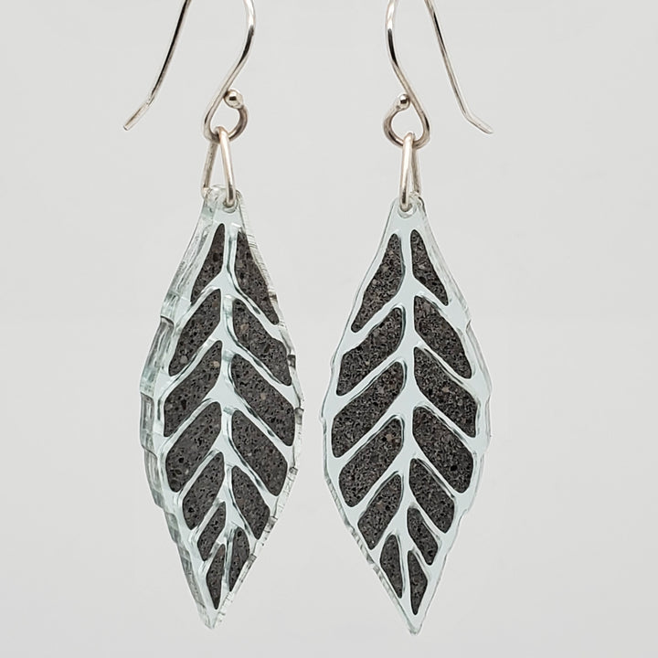 Leaf earrings in glassy colour acrylic with concrete inlay.
