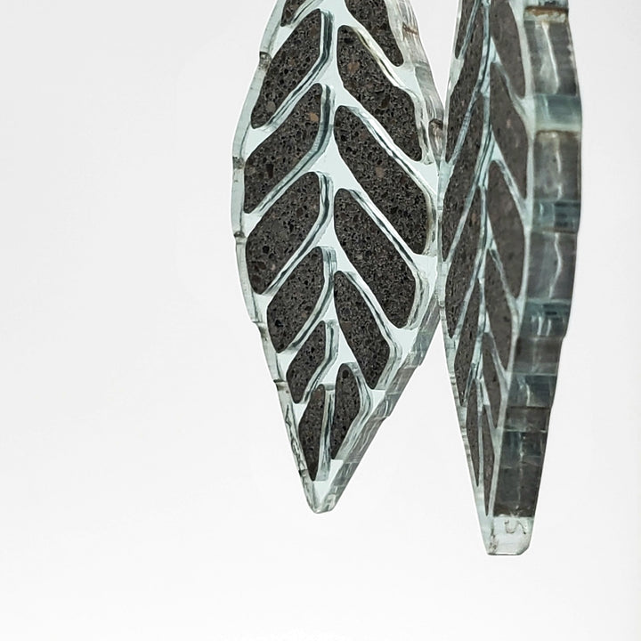 Leaf earrings in glassy colour acrylic with concrete inlay.
