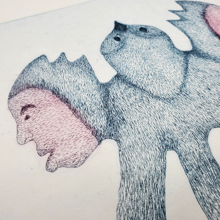 Shaman's Transformation - Two-tone etching by artist Annie Pitsiulak from Pangnirtung, Nunavut.