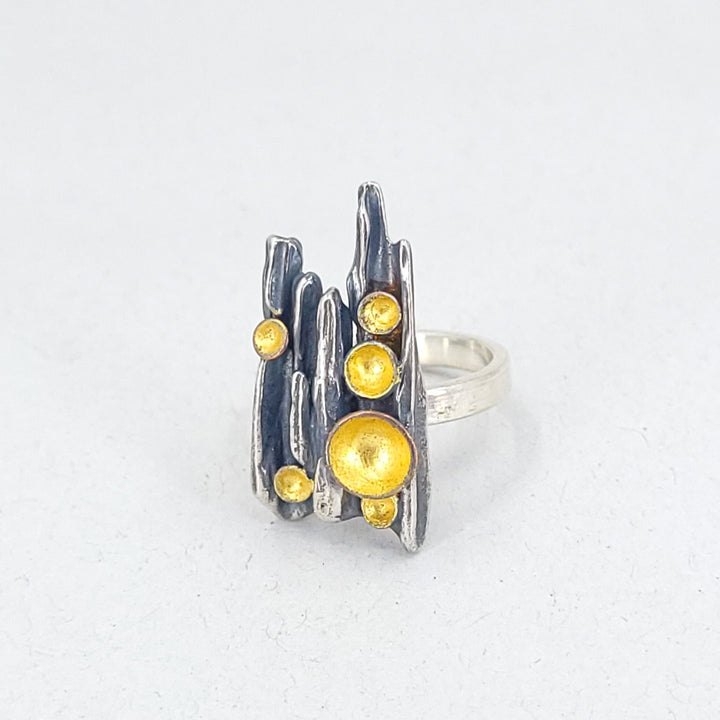 “Forest Floor” Ring - Sterling silver ring with 23k gold leaf, copper, and patina.  Size 6.5.