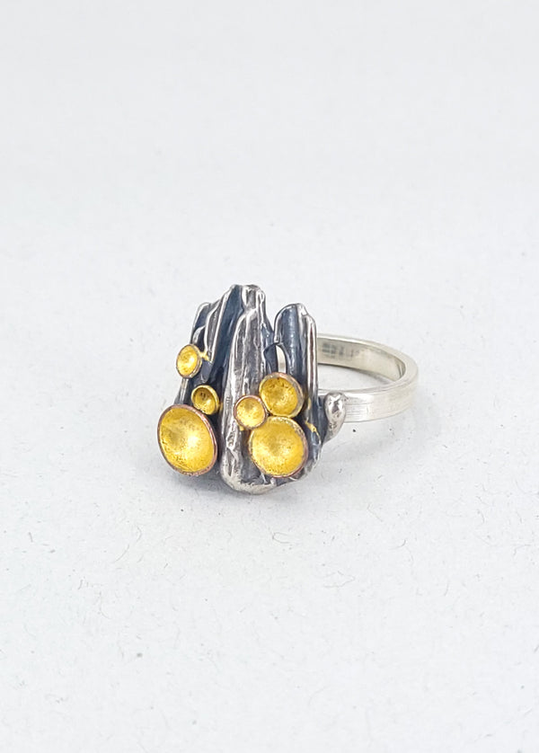 “Forest Floor” Ring - Sterling silver ring with 23k gold leaf, copper, and patina.  Size 5.5.