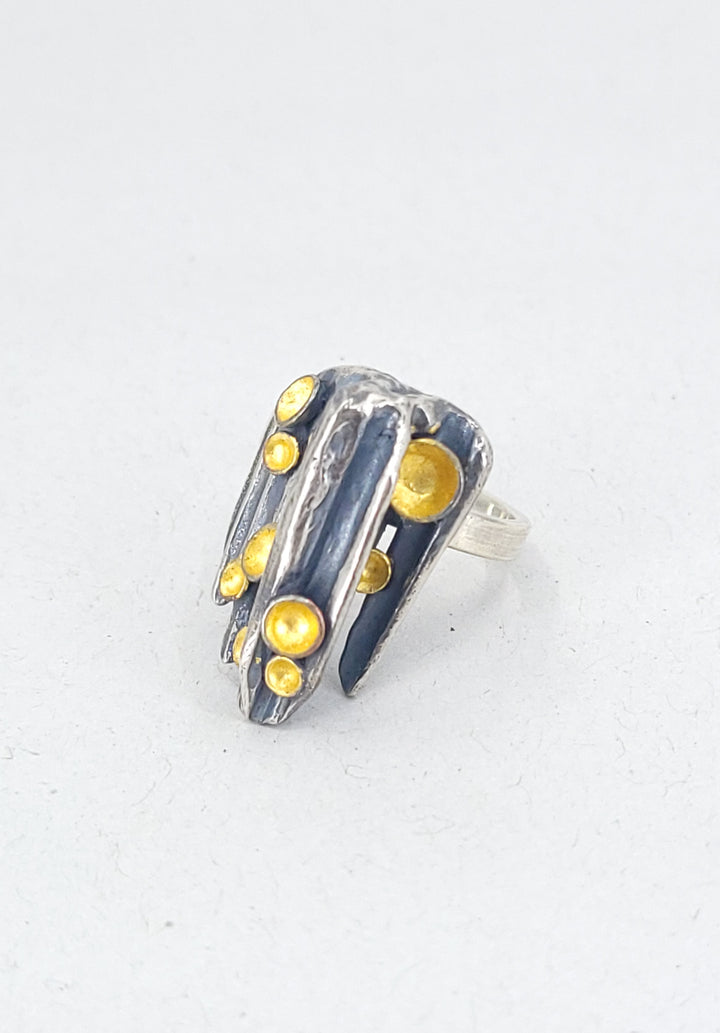 “Forest Floor” Ring - Sterling silver ring with 23k gold leaf, copper, and patina.  Size 8.