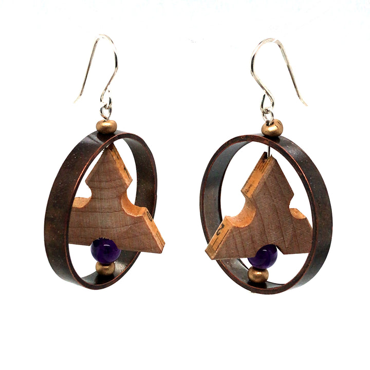 Made to Measure earrings. Round drop earrings combining vintage boxwood ruler, vintage beads, copper tube, and sterling silver hooks. 