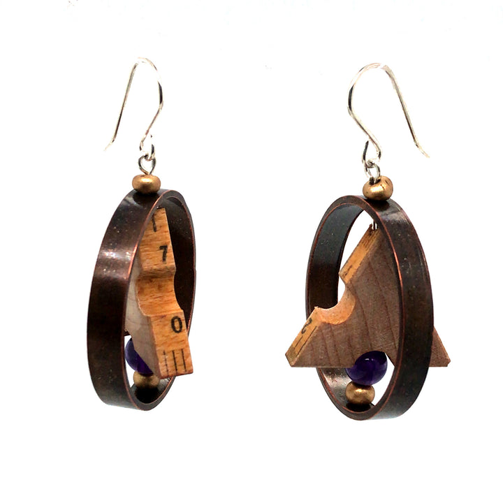 Made to Measure earrings. Round drop earrings combining vintage boxwood ruler, vintage beads, copper tube, and sterling silver hooks. 