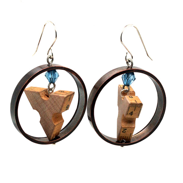 Made to Measure earrings. Round drop earrings combining vintage boxwood ruler, vintage beads, copper tube, and sterling silver hooks. 