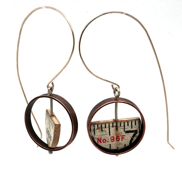 Made to Measure earrings. Round dangle earrings combining vintage boxwood ruler, copper tube, and sterling silver hooks. 