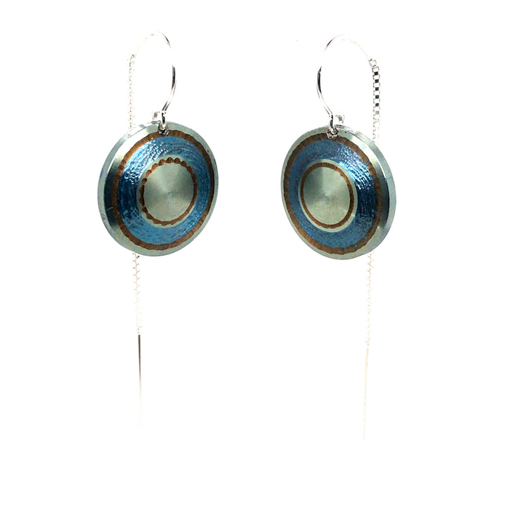 Chroma - Lathed, green/blue/bronze titanium drop earrings