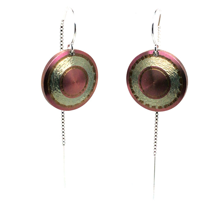 Chroma - Lathed, pink/green/bronze titanium drop earrings