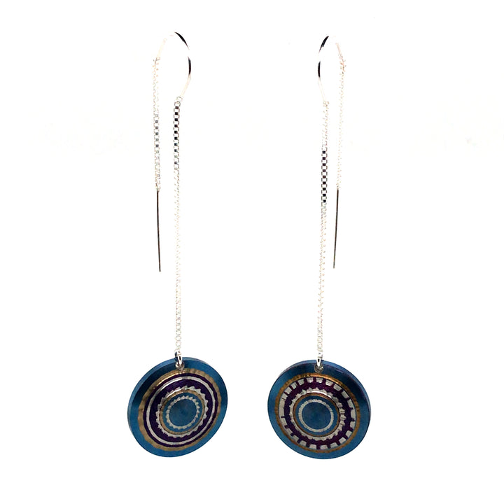Chroma - Lathed, multi-colour titanium drop earrings in blue/purple/bronze