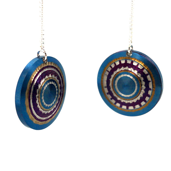 Chroma - Lathed, multi-colour titanium drop earrings in blue/purple/bronze