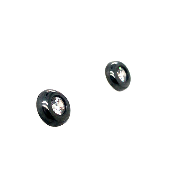 Oxidized sterling silver stud earrings with cubic zirconium stones in size small (7mm), from the Bateau series.
