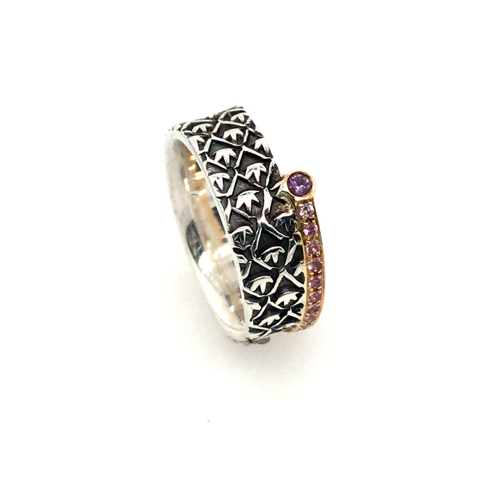 Hand stamped ring in sterling silver and 18k gold with bridge line of sapphires