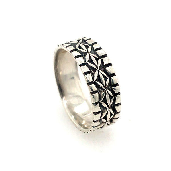 Hand stamped sterling silver ring.  Size 10.75