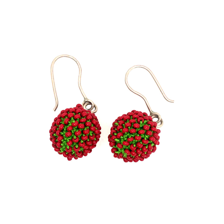 Short Red and Green Earrings, with glass beads, sterling silver, and thread.
