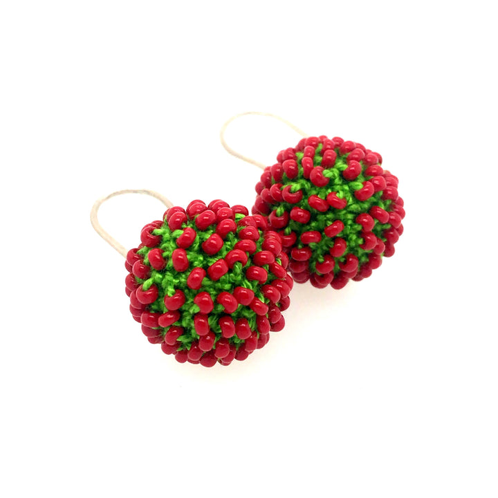 Short Red and Green Earrings, with glass beads, sterling silver, and thread.