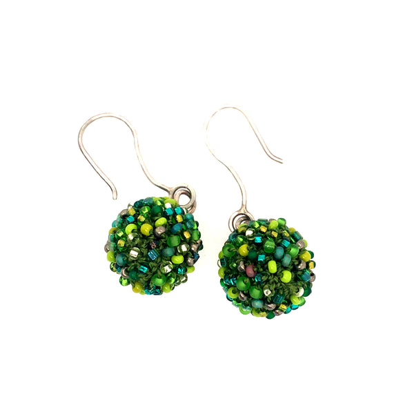 Short Green Earrings. Green glass beads are sewn in with green thread. 