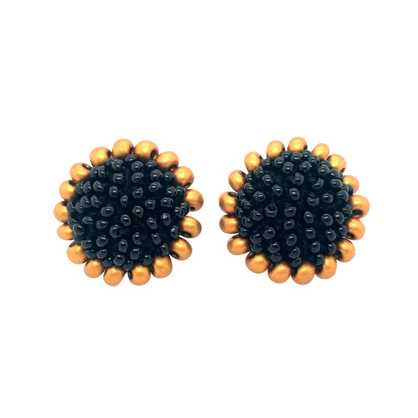Black and Gold Clip-On Earrings. Black and gold glass beads are sewn in with black thread. 