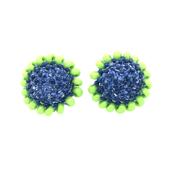 Blue and Green Petro Flower Clip-on Earrings, with glass beads and thread.