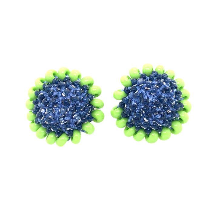 Blue and Green Petro Flower Clip-on Earrings, with glass beads and thread.