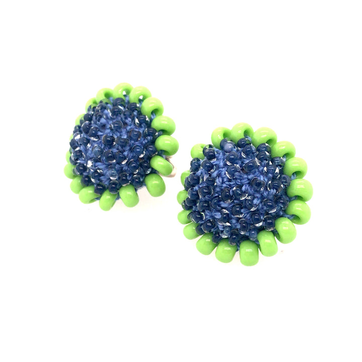 Blue and Green Petro Flower Clip-on Earrings, with glass beads and thread.