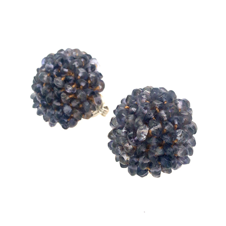 Iolite Clip-on Earrings with glass beads, sterling silver and thread.