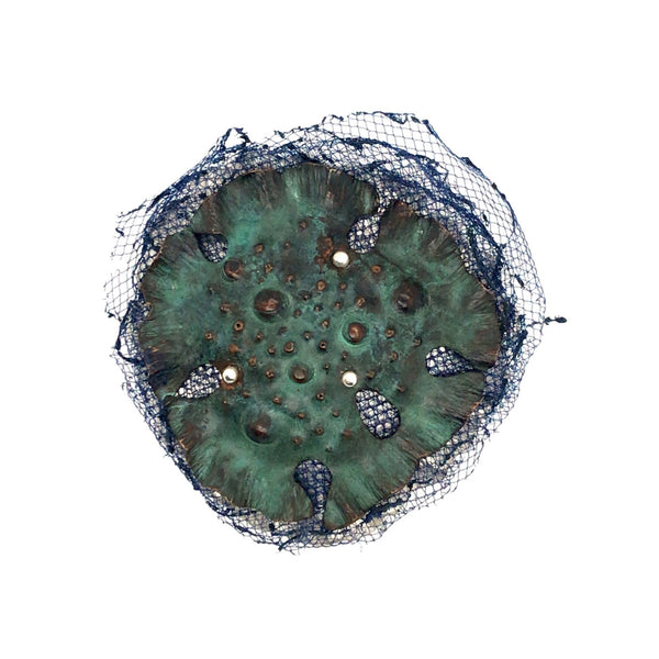 Ode à Hackel brooch. Sterling silver, patinated copper, and mesh.