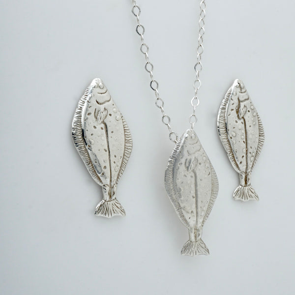 Halibut Silver Fish Pendant with Matching Earrings by Brooklyn Soucie