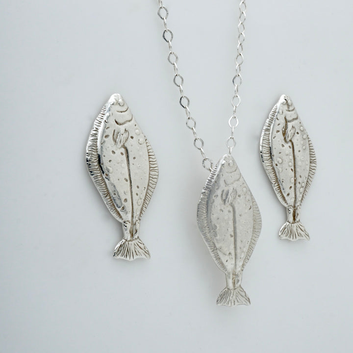 Halibut Silver Fish Pendant with Matching Earrings by Brooklyn Soucie