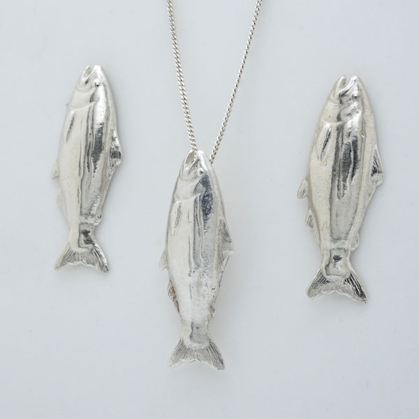 Salmon Silver Fish Pendant with Matching Earrings by Brooklyn Soucie