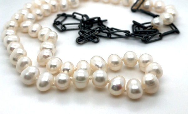 31" Handmade Oval Link Chain with Freshwater Pearls by Devon Clark