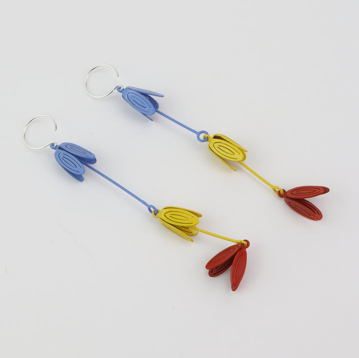 Petal Drop Earrings - Triple  Long and light colourful drop earrings of powder-coated brass and sterling silver. Each form is hand folded.  9.5x1x1cm, 2023