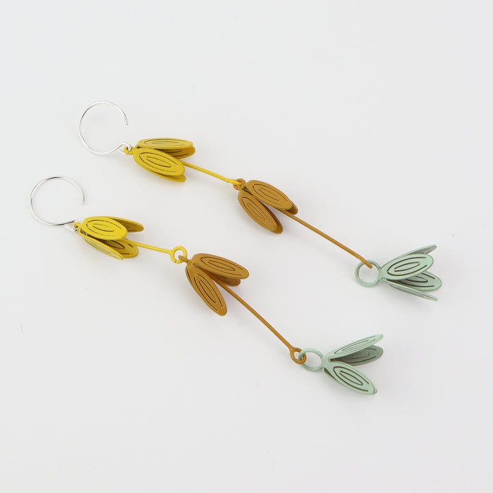 Petal Drop Earrings - Triple  Long and light colourful drop earrings of powder-coated brass and sterling silver. Each form is hand folded.  9.5x1x1cm, 2023