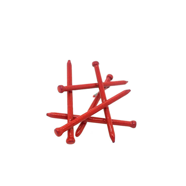 Red brad nails pin on a white background.