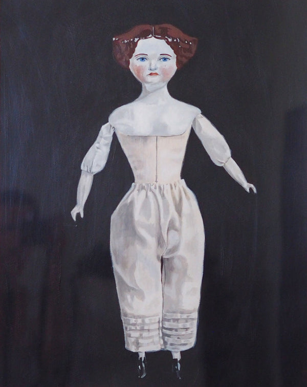 Painted image of a doll with short brown hair and black background.
