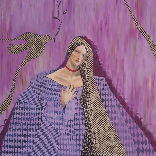Large square painting of a woman with long hair and a purple dress, light purple background.