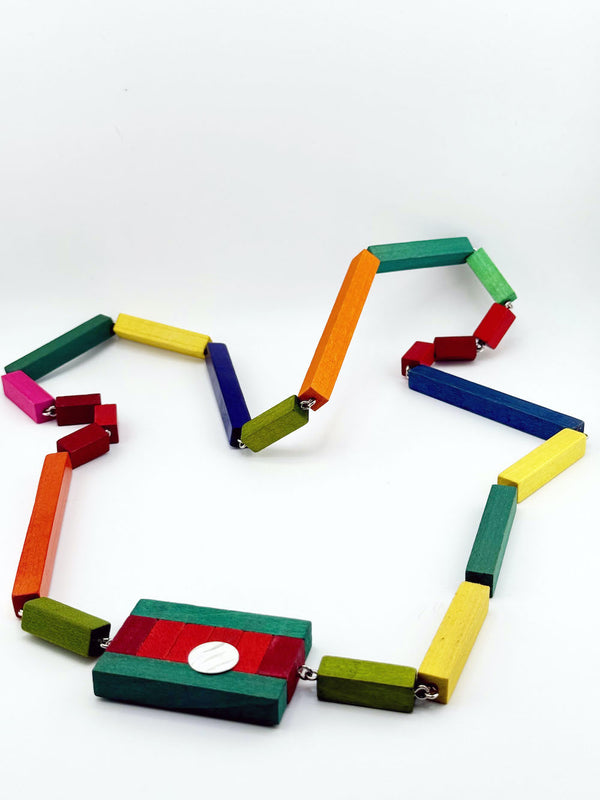 Colorful necklace made of interlocking wooden blocks 