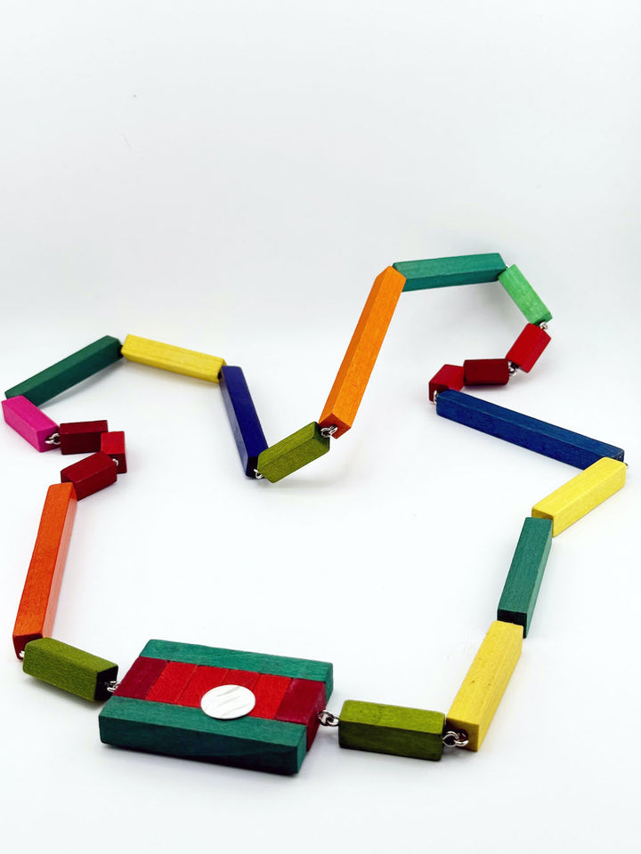 Colorful necklace made of interlocking wooden blocks 