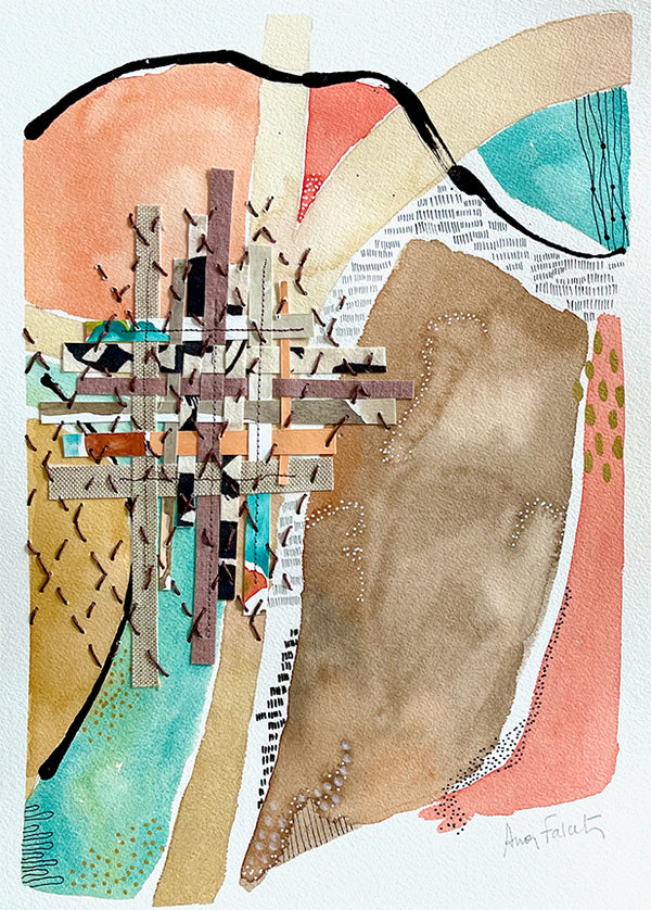 Convergence, 2022. Mixed media artwork on paper combining watercolour, ink, screen-printed linen fabric, linen thread, weaving, machine stitching, and hand embroidery on paper. Unframed, in a white mat.