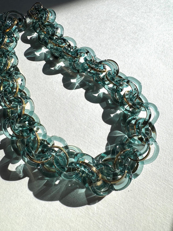 Teal Glass and Brass Multi-Circle Necklace by Minori Takagi