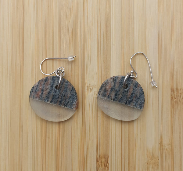 Earthy two-tone earrings with recycled window glass and rock on sterling silver shepherd's hooks. 4.7cm total length (incl hook) x 2.7cm.