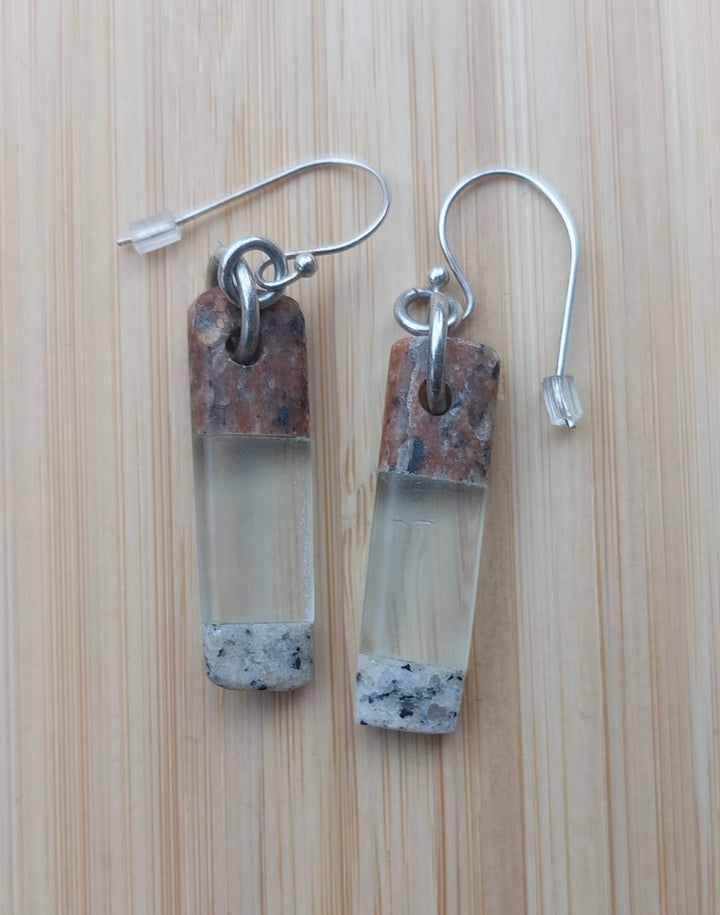 Earthy and light three-tone earrings with recycled window glass and rock on sterling silver shepherd's hooks. 5cm total length (incl hook) x 0.9cmm.