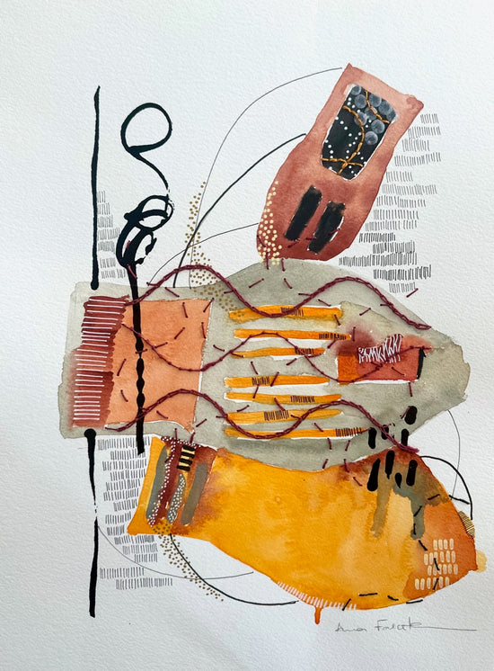 Encounter, 2023. Mixed media artwork on paper combining watercolour, ink, linen thread, and embroidery on paper. With a white mat and frame, this piece is ready for hanging.