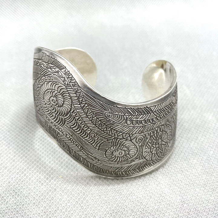 Spirals cuff. Brushed sterling silver cuff bracelet with etched spiral pattern. One of a kind piece.