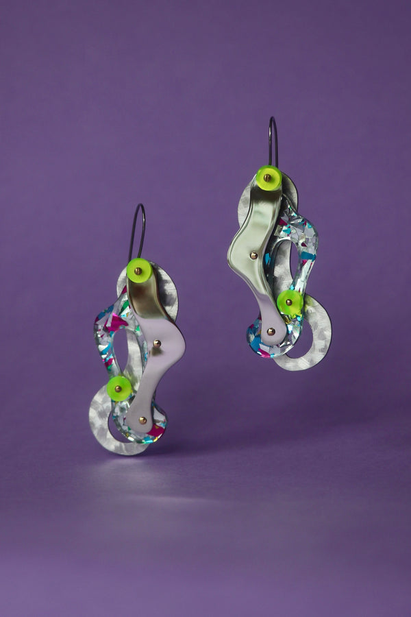 Green and Blue Acrylic and Aluminum Earrings by Laura Papworth