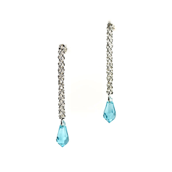 Plait stud drop earrings made sterling silver which has been shaped with Kumihimo braiding into hollow forms. Blue Swarovski crystals dangle from the ends.