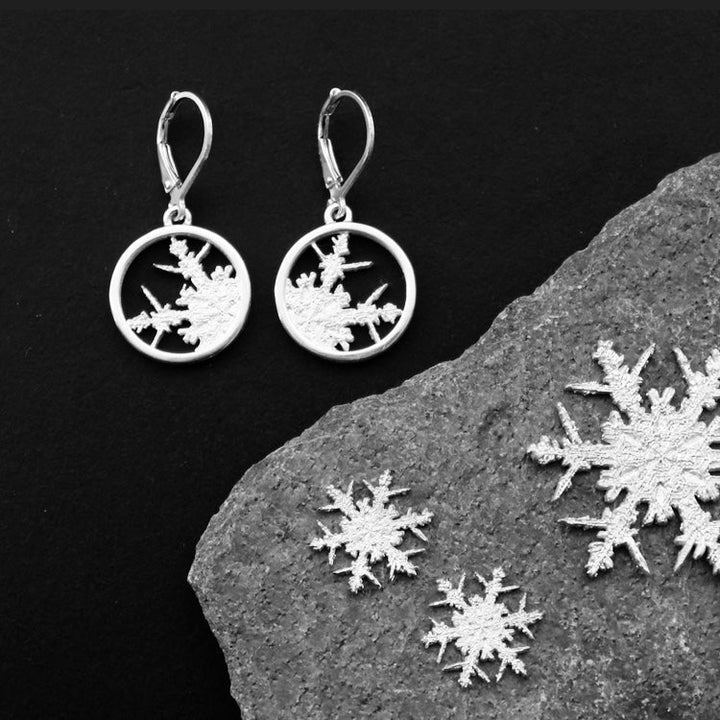Crystalline Snowflake earrings in sterling silver.  The design is based on the earliest historical photographic images of a snowflake. 17 mm diameter 
