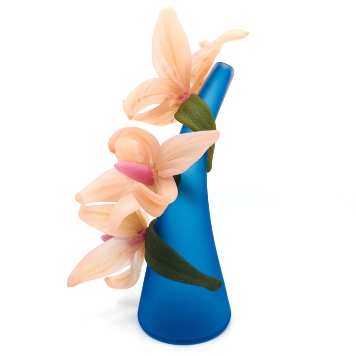 Medium Sprig Vase, with soft pink lilies on aqua blue. 